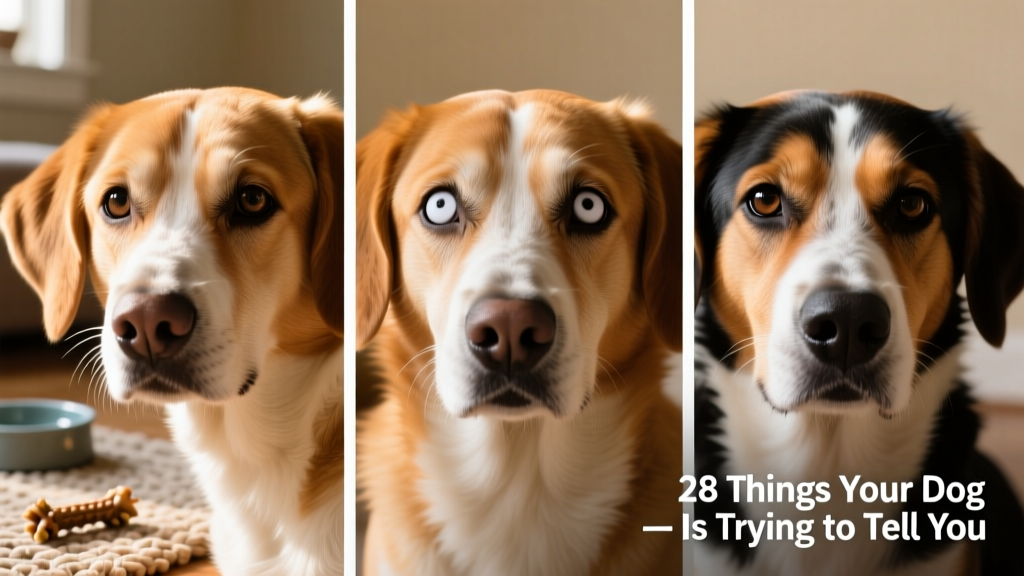 Close-up photo of a dog’s face showing clear examples of soft eyes, whale eye, and hard stare side by side