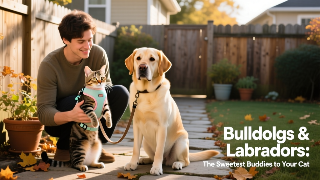 A person gently holding a cat on a harness while a calm Labrador sits nearby on a leash
