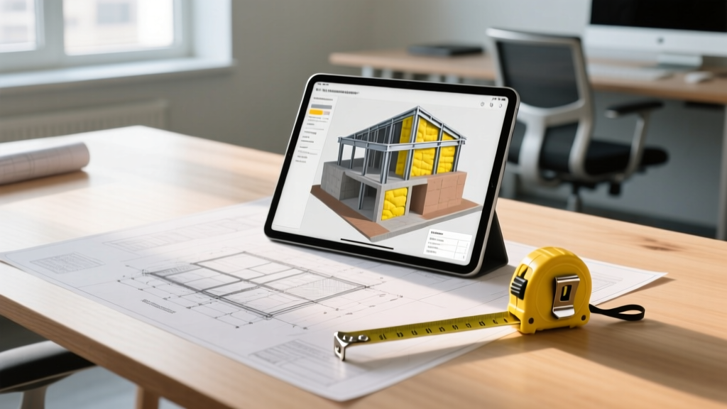 Blueprints on plywood table with a digital tablet showing a 3D construction build of material takeoff and yellow tape measure