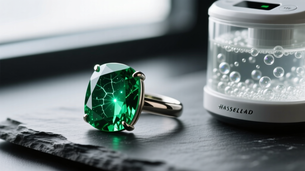 Macro photo of a green emerald ring with visible internal inclusions resting on dark slate beside a digital ultrasonic cleaner