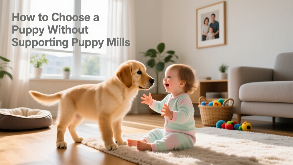 A healthy, well-socialized puppy playing gently with a child in a sunlit living room