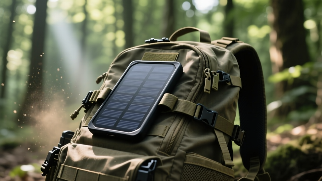 Foldable matte-black solar charger strapped to a tactical backpack blending into forest canopy during a daytime surveillance op