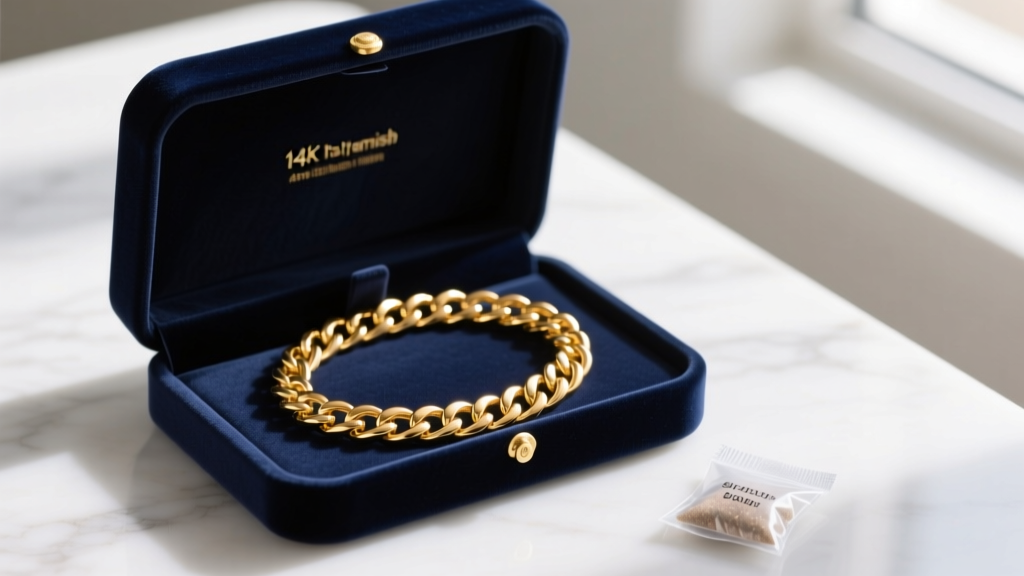 Open anti-tarnish velvet jewelry box holding a neatly coiled Italy 14K gold Cuban link necklace with a silica gel packet nearby