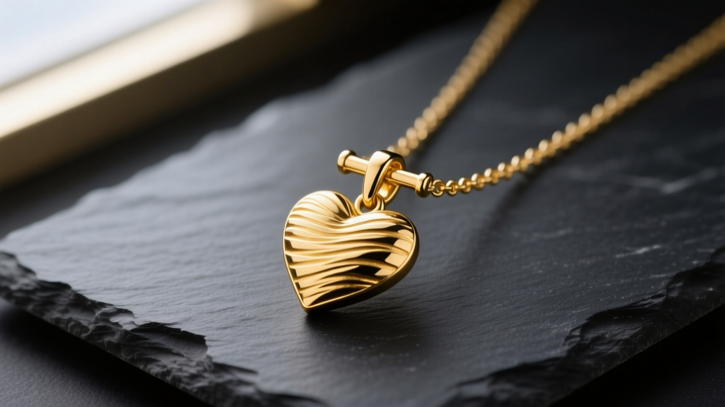 14k solid gold heart toggle necklace on dark slate, soft lighting highlighting the T-bar clasp and textured heart pendant details