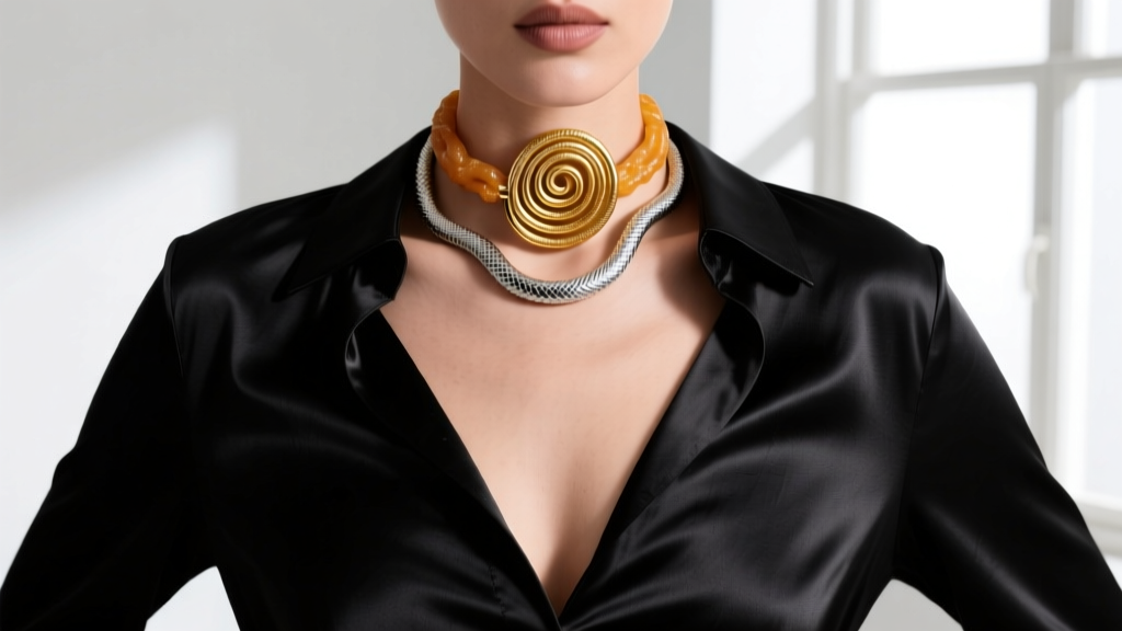 Model wearing a lightweight 15-gram jalebi choker layered with a snake chain, paired with a deep sweetheart neckline blouse.