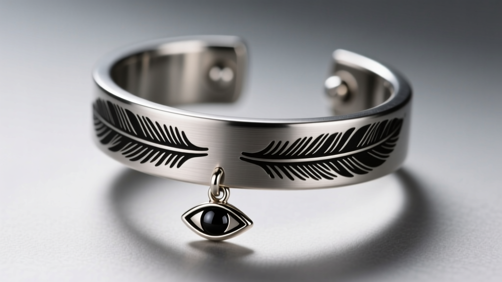 Macro shot of a 16-gauge titanium cartilage cuff featuring black feather engravings and a small dangling Shinigami eye charm.