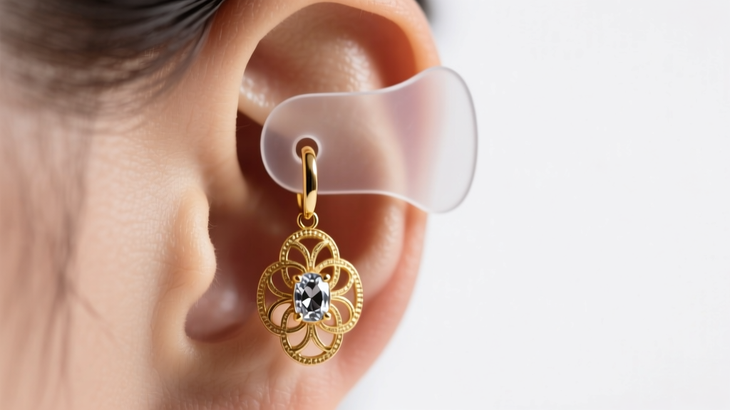 Macro shot of an earlobe wearing a heavy gold drop earring supported by a clear silicone backing patch under soft studio lighting