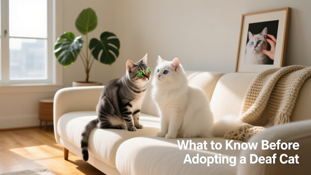 Two cats sitting side-by-side on a sofa, one gently sniffing the other's shoulder—showing calm, respectful introduction in a quiet home setting