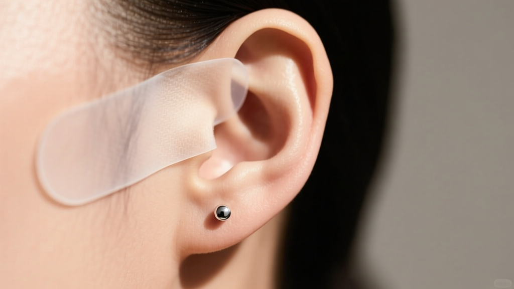 Side view of an earlobe wearing a stud, with a clear silicone support patch behind the skin to prevent heavy earring sagging.