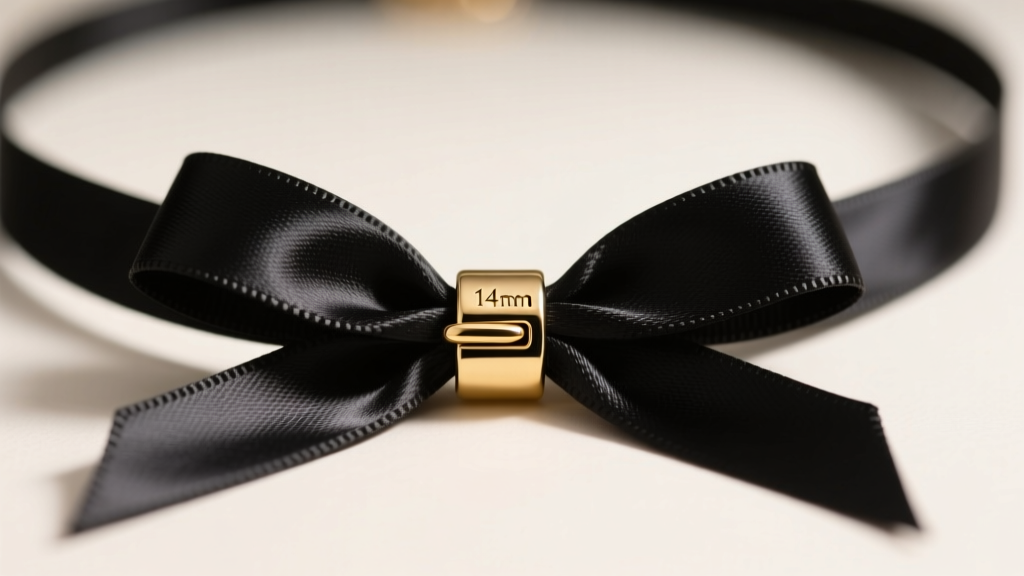 Close-up of a 10mm black silk ribbon cloth necklace tied in a bow with a 14k gold sliding clasp, under soft studio lighting.