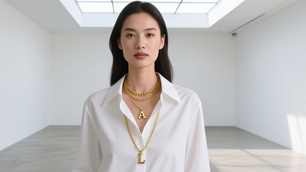 Woman wearing layered 16-inch and 18-inch initial necklaces over a white button-down collar in a bright, modern studio space.