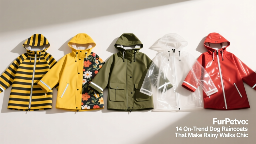 Side-by-side comparison of six different FurPetVo raincoats laid out on a clean white surface—striped, yellow, floral, olive cargo, clear vinyl, and red—showcasing texture, color, and design variety