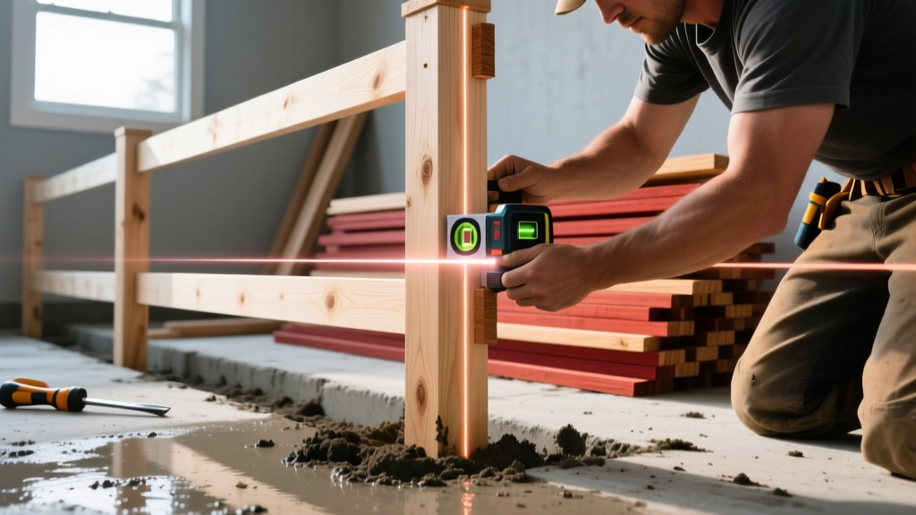 Contractor using a laser level to align a pressure-treated pine fence post set in wet concrete, with stacked cedar and redwood pickets in the background