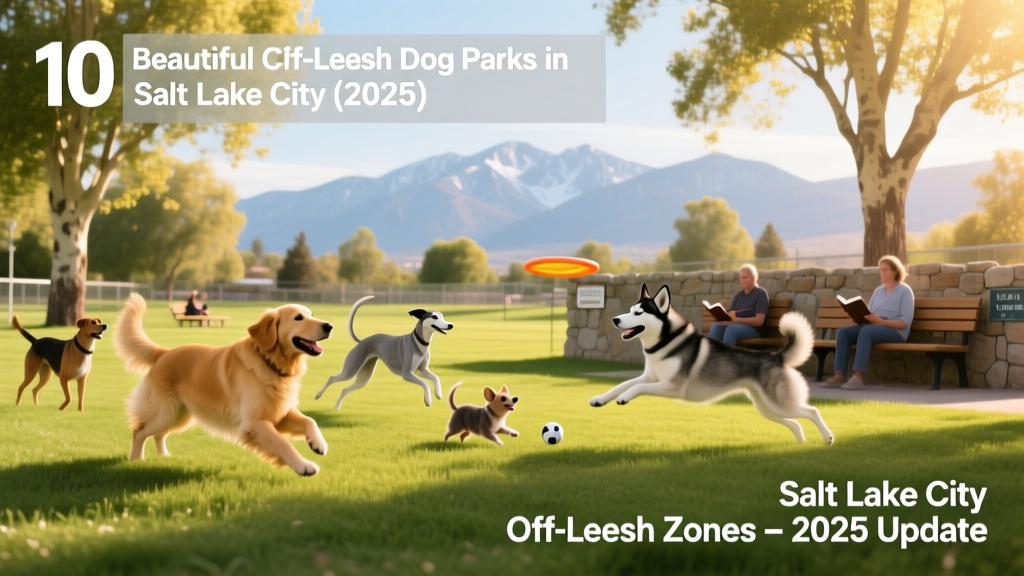 A sunny, grassy off-leash dog park with dogs playing, shaded benches, and a fenced perimeter