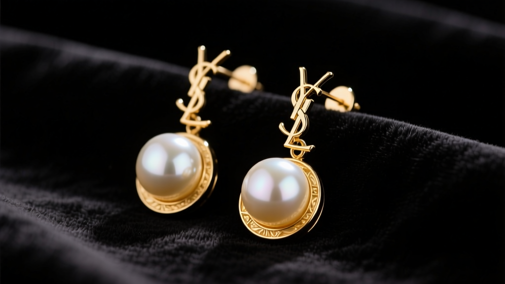 Close-up of gold-tone YSL pearl drop earrings resting on dark velvet, illuminated by soft, warm directional studio lighting.
