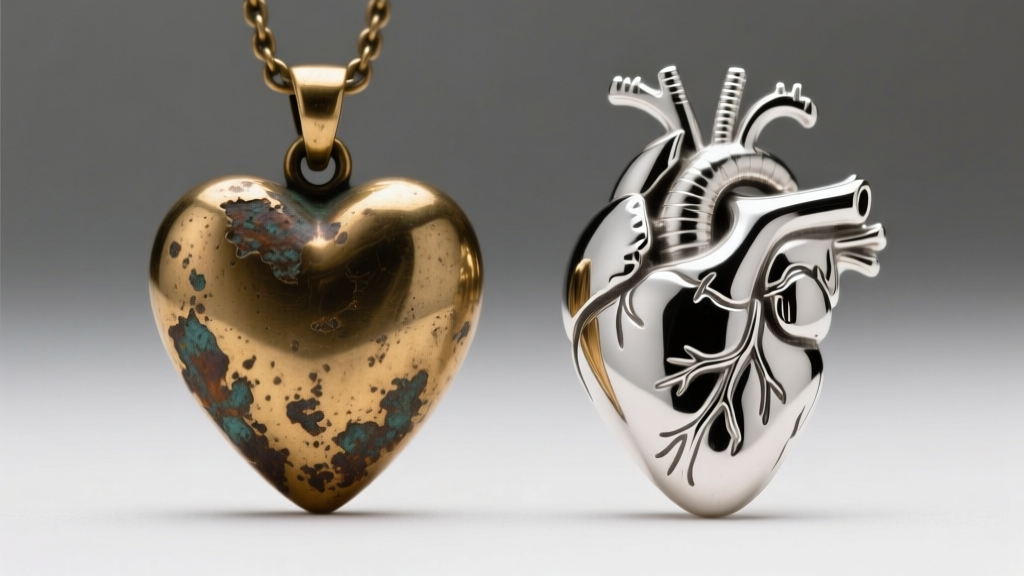 Side-by-side macro comparison of a tarnished brass realistic heart pendant and a polished 925 sterling silver anatomical heart.