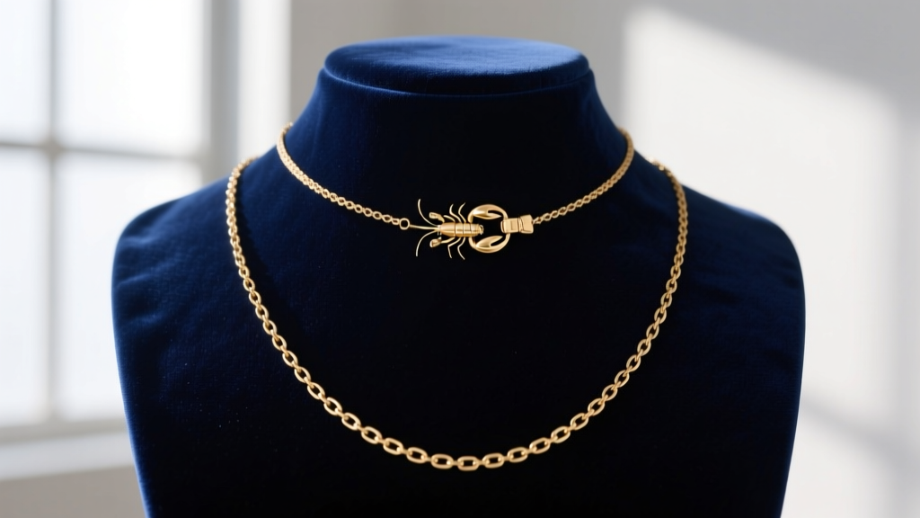 A 30 inch necklace resting on a dark velvet bust, highlighting the long drape and a secure lobster clasp at the nape of the neck
