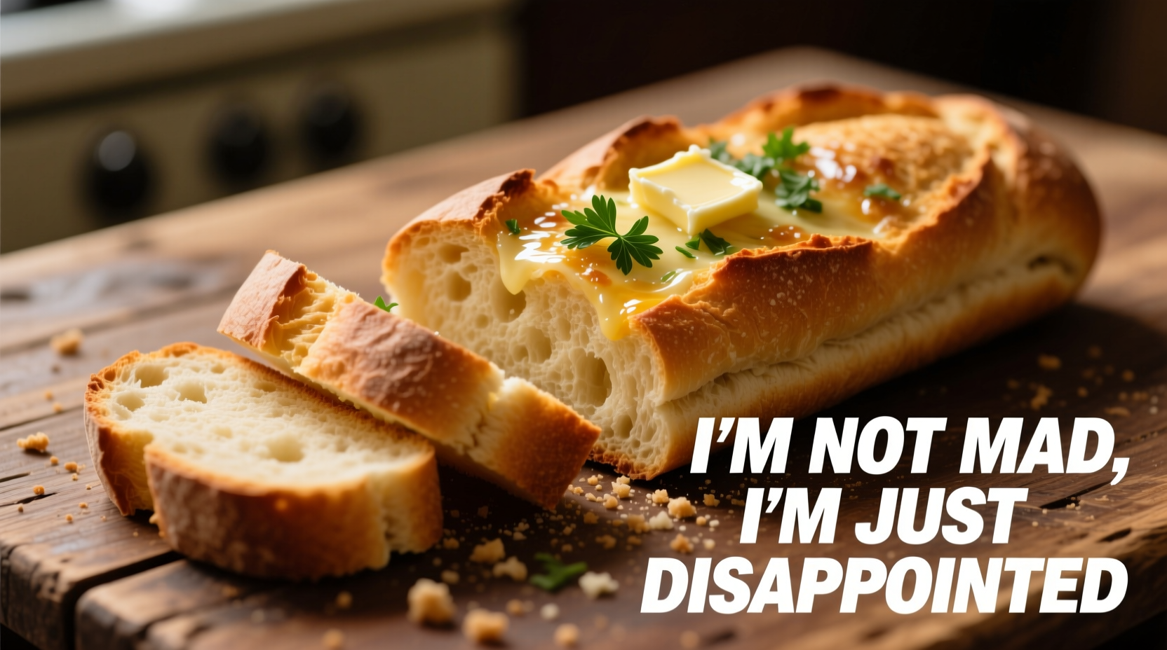 Vintage photograph of garlic bread with meme text overlay