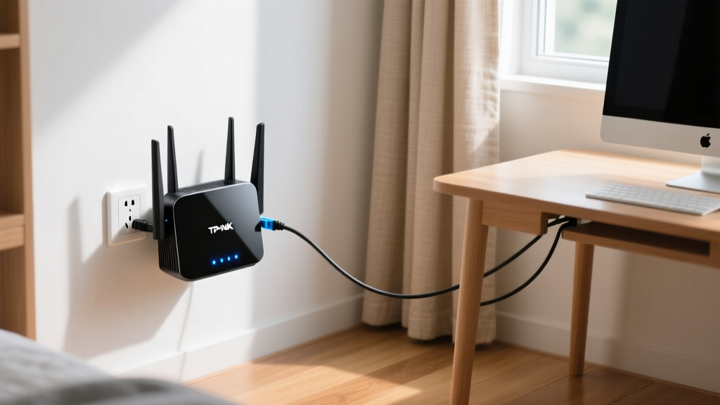 TP-Link BE3600 Wi-Fi 7 travel router plugged into a dorm wall outlet with ethernet cable connecting to a desktop computer
