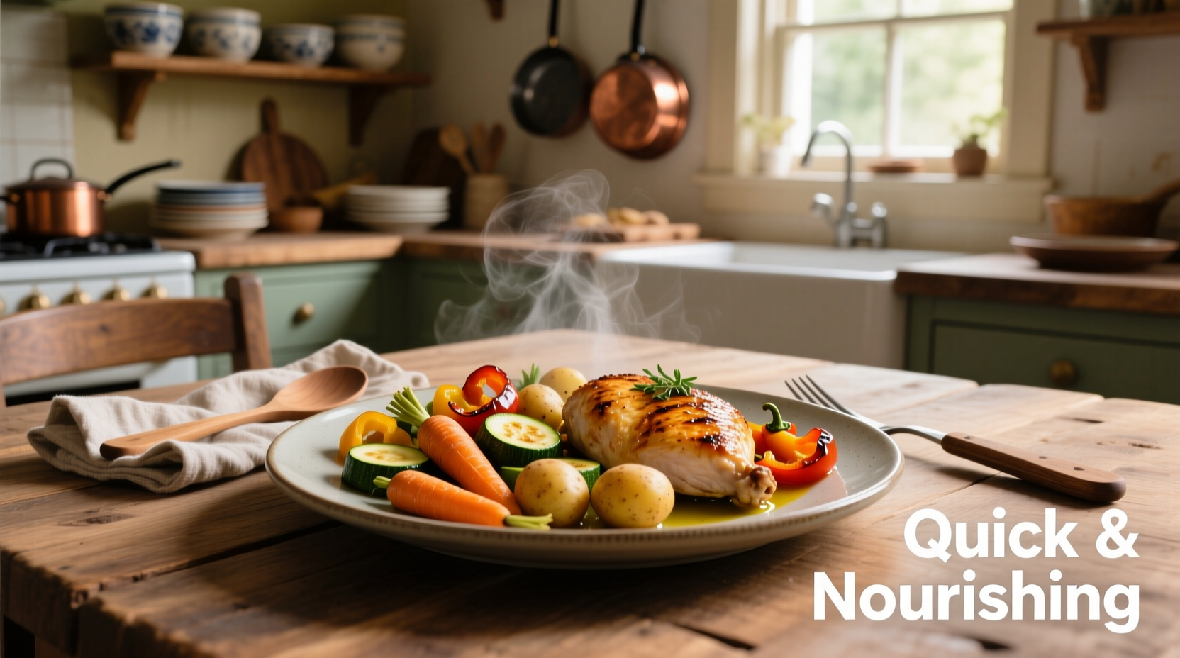 Quick supper meal with roasted vegetables and chicken