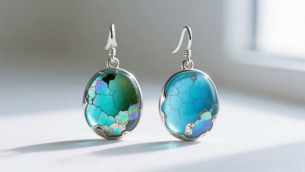 Macro shot of aqua-blue Roman glass earrings in sterling silver, showing iridescent flaking patina under soft lighting