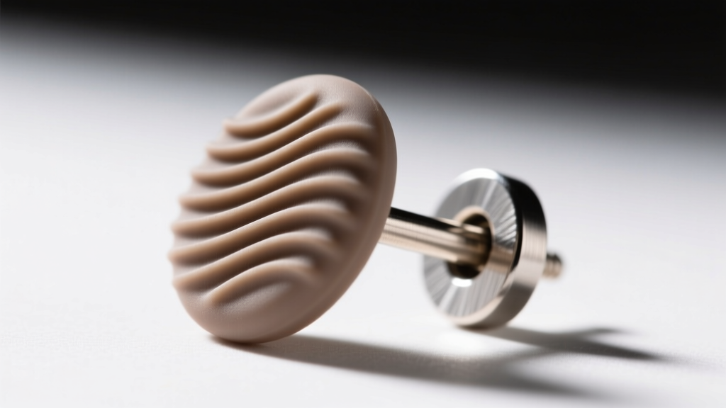 Macro shot of a textured silicone earring back on an 18-gauge titanium post, showing flexible ridges and a clean matte finish.