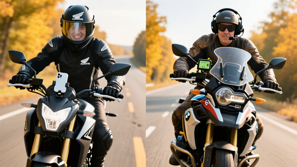 Split-screen comparing a new rider on a Honda CB500F with a basic phone mount and a veteran on a BMW R1250GS using a Garmin GPS and Cardo headset