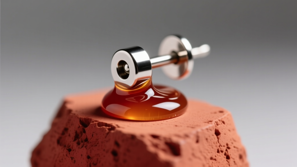 Macro shot of a titanium earring post embedded into raw terracotta polymer clay with liquid adhesive under bright studio lighting