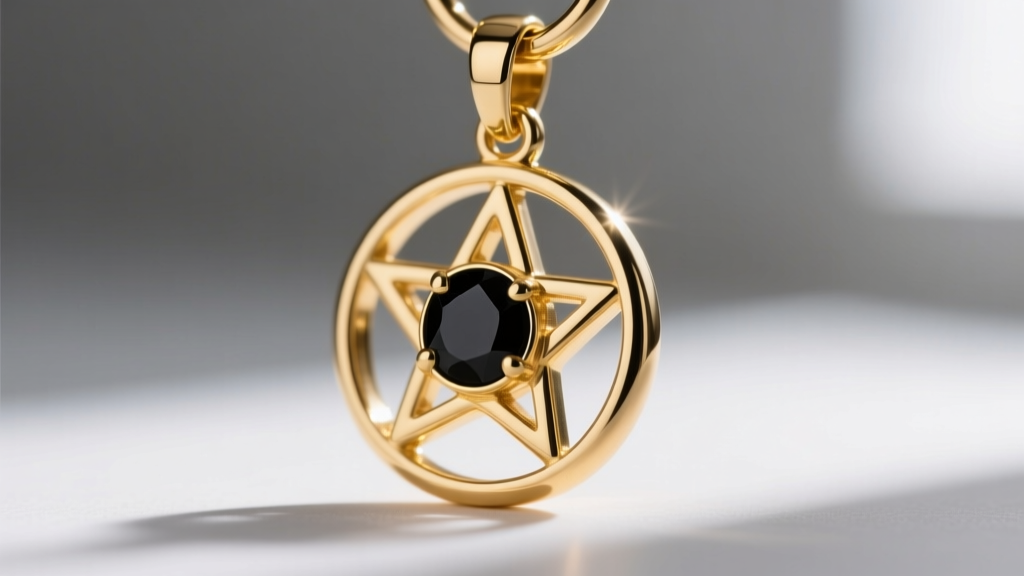 Macro shot of 18k gold pentagram with a bezel-set black onyx stone, highlighting the polished metal finish and secure jump ring.
