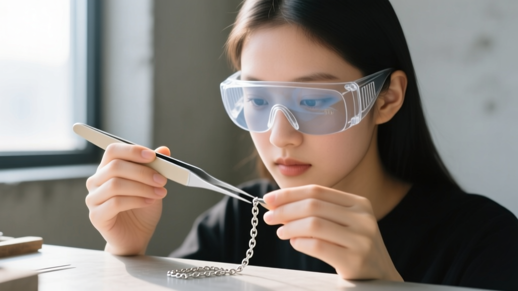 Beginner maker wearing tinted safety glasses, holding precision ceramic tweezers to align a delicate silver chain for welding.