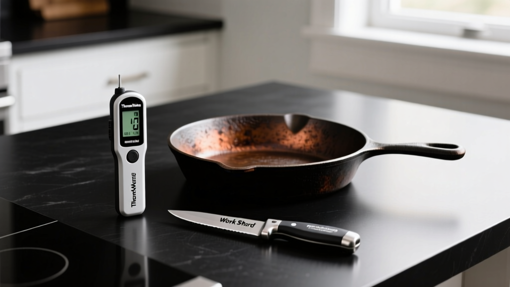 Matte black kitchen counter featuring ThermoWorks ThermoPen ONE and Work Sharp Precision Adjust Elite next to a cast iron skillet