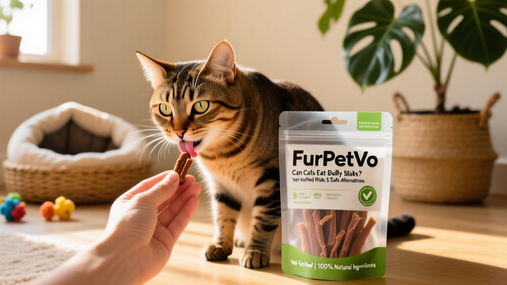 Packaging of FurPetVo freeze-dried cat treats with clear labeling and a cat happily licking a treat from a hand