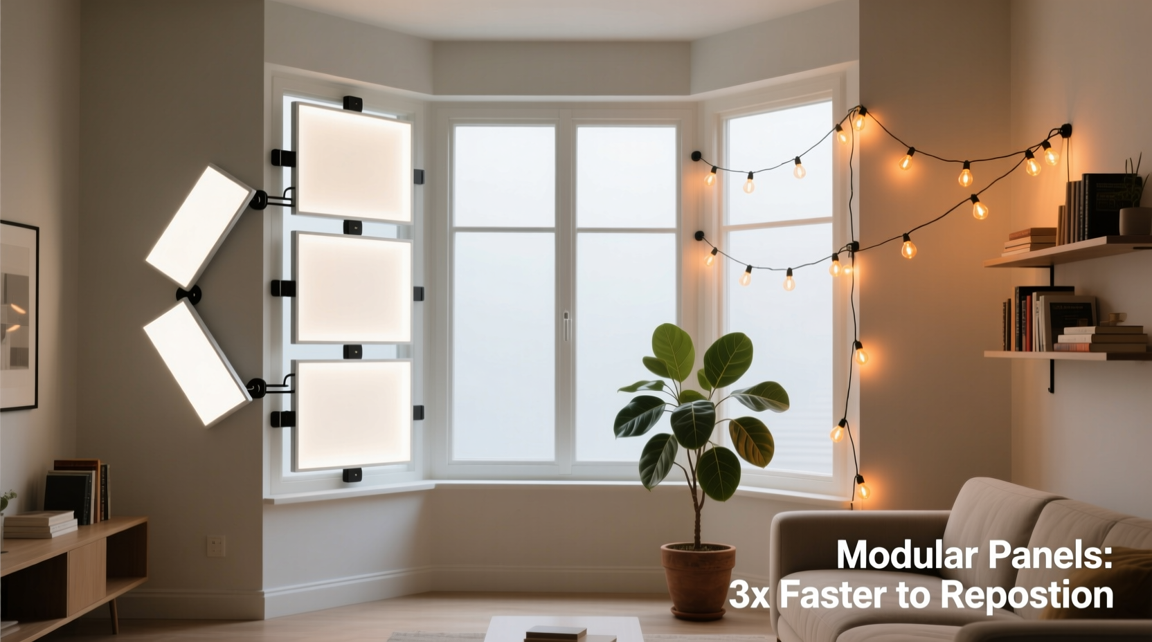 modular light panels vs string lights for window frames which allows easier repositioning