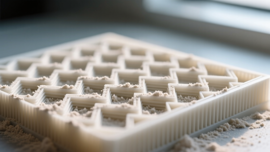 Macro photography showing the microscopic layer lines of an FDM 3D printed plastic board with flour dust trapped in the grooves