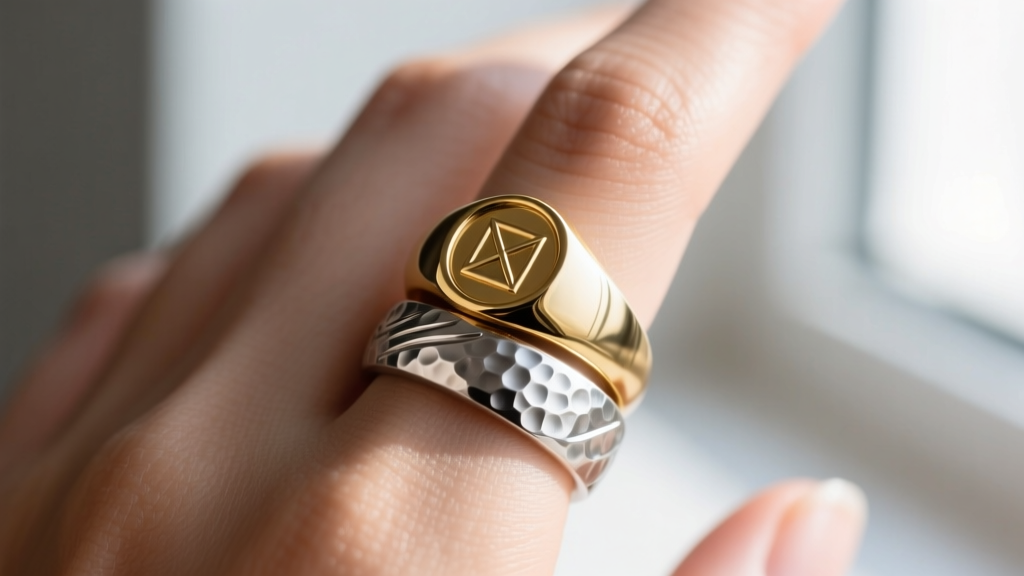 Macro shot of mixed-metal ring stack featuring hammered sterling silver band and polished 14k gold signet ring on an index finger