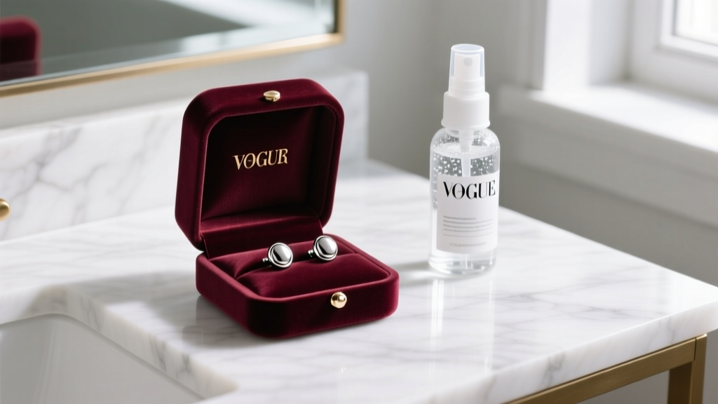 Velvet box displaying implant-grade titanium stud earrings beside a sterile saline spray bottle on a bright marble vanity surface