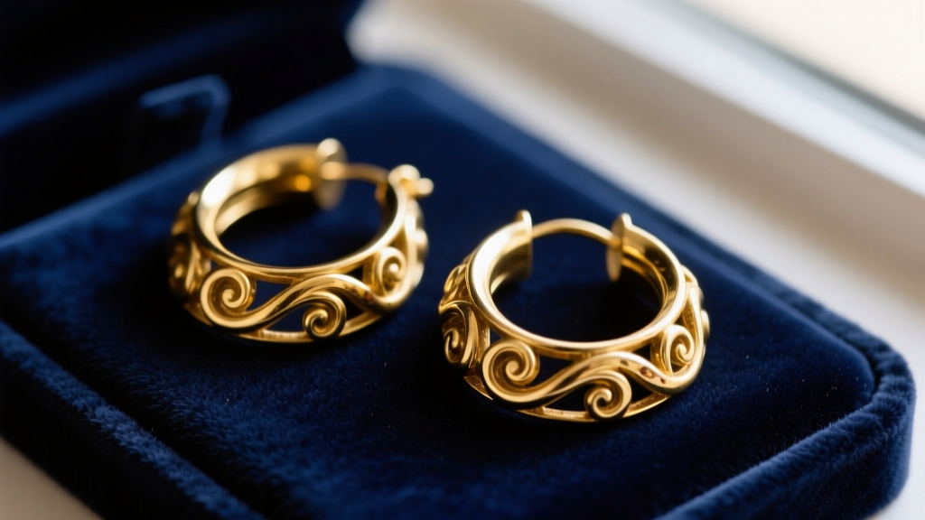 Close-up of a pair of vintage 1970s oversized gold vermeil hoop earrings resting on a dark velvet jewelry repair mat