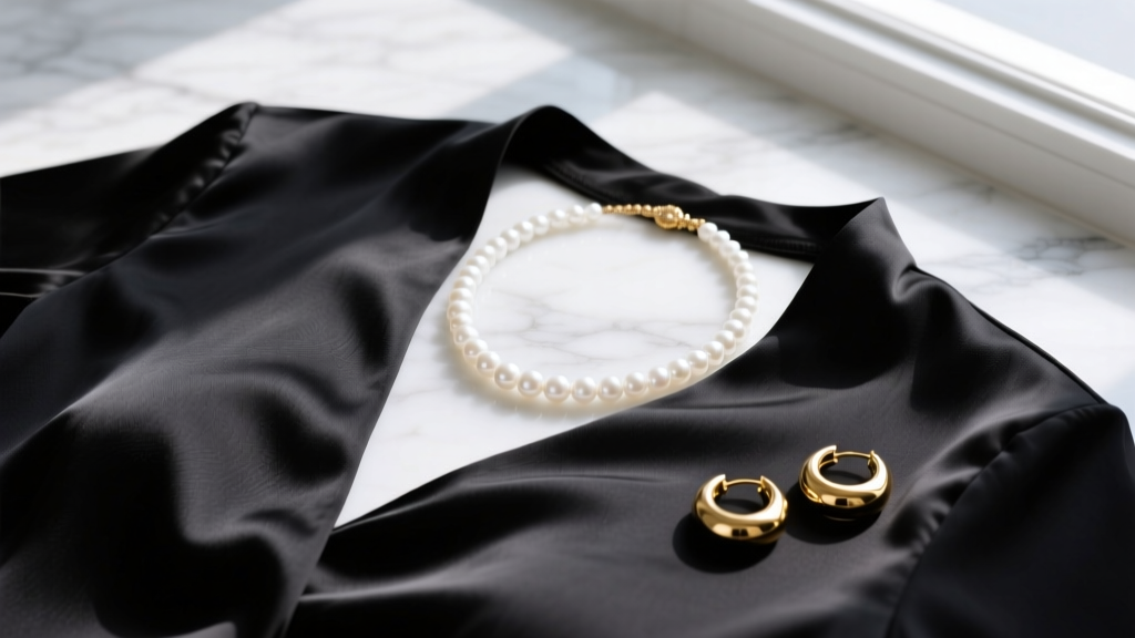 Fashion flat lay showing a white freshwater floating necklace pearl styled with a black silk V-neck blouse and gold hoop earrings on marble