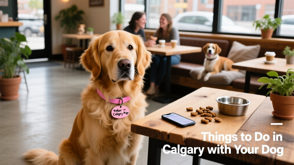 A dog wearing a pink collar sits beside a table in a dog-friendly restaurant
