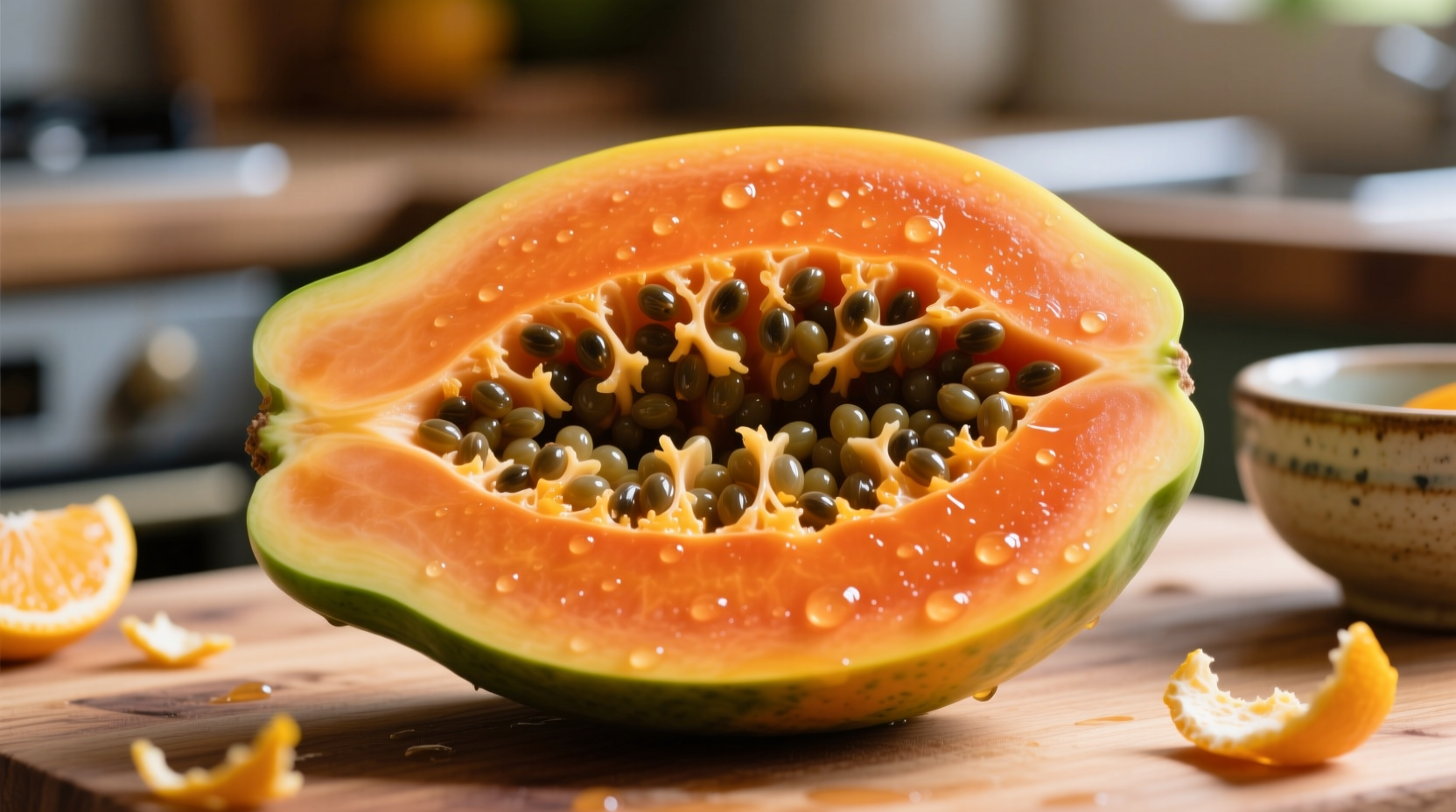 Ripe papaya cut in half showing orange flesh