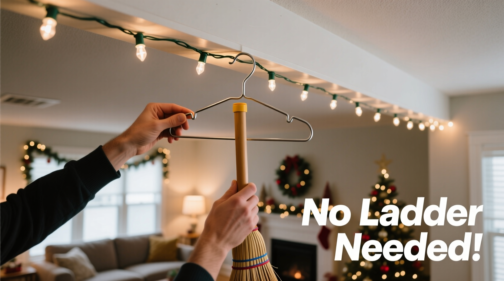 how to string christmas lights on a tall ceiling without a ladder hack