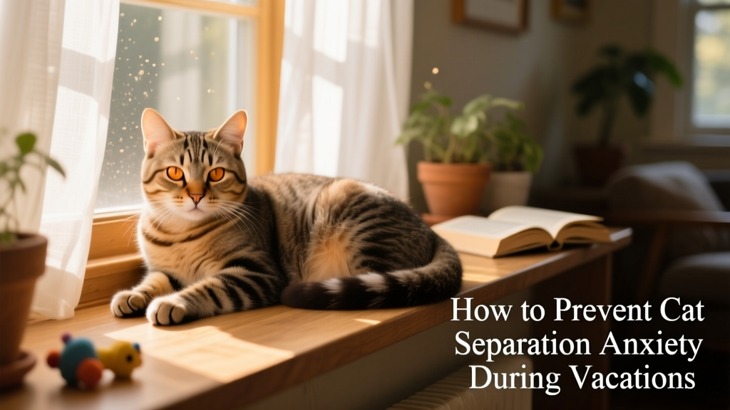 A calm, relaxed cat resting peacefully on a sunlit windowsill in its familiar home environment