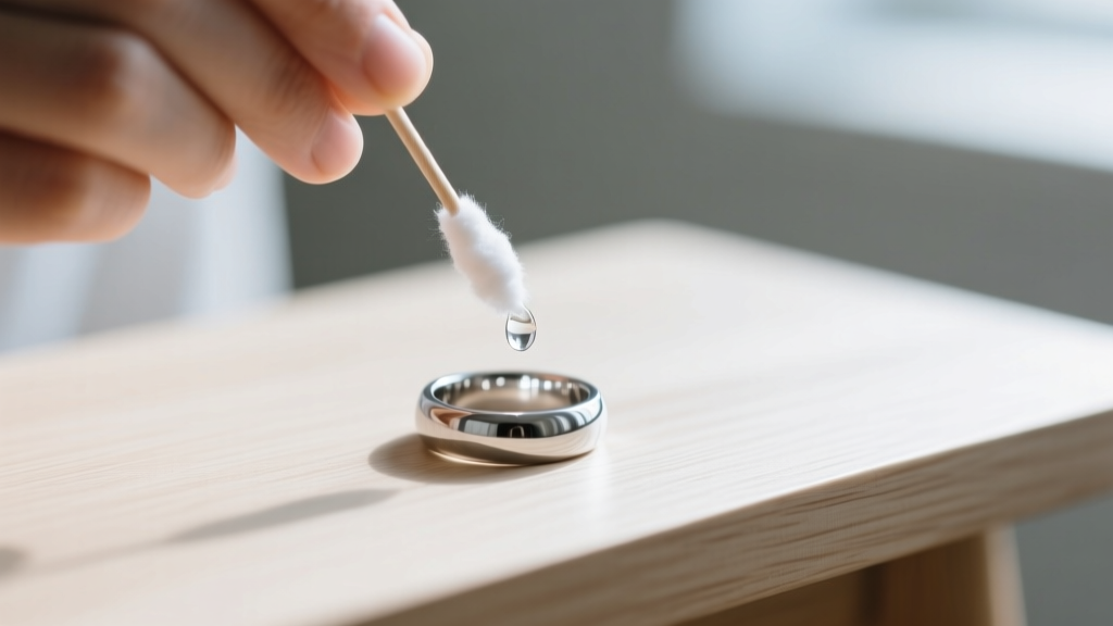 A person applying a liquid nickel testing solution with a cotton swab onto a silver stainless steel ring on a wooden table