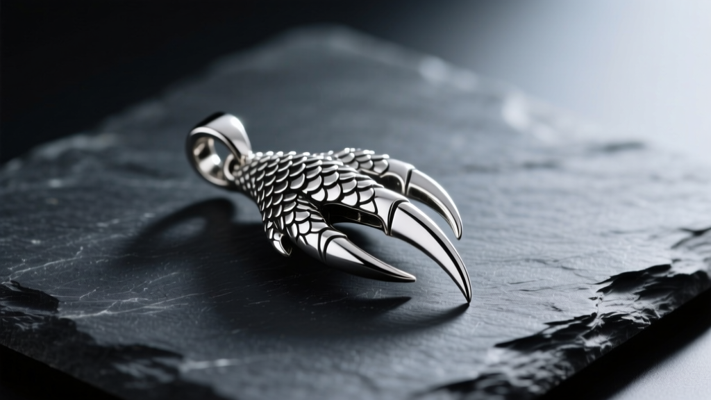 Silver raptor claw pendant on dark slate, lit by dramatic side lighting to highlight the curved, scaly texture and sharp tip.