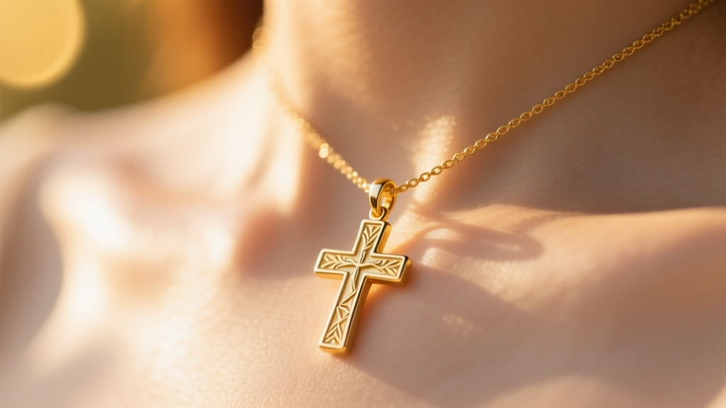 Delicate 14k gold fill cross pendant resting on a collarbone, catching warm natural sunlight with a soft bokeh background