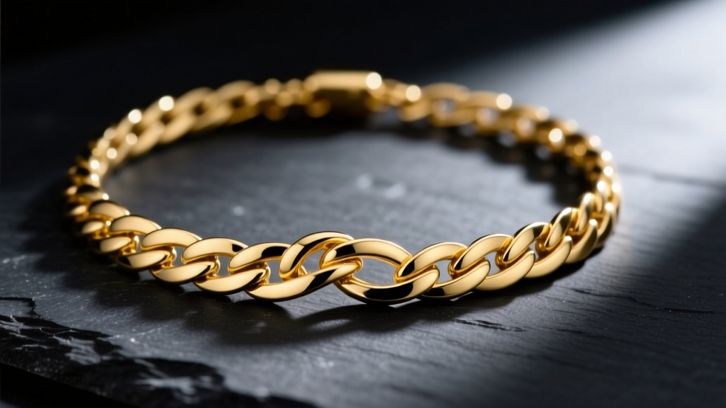 Macro shot of a kinked 18k yellow gold herringbone necklace on dark slate, highlighting the permanent bend in flat links