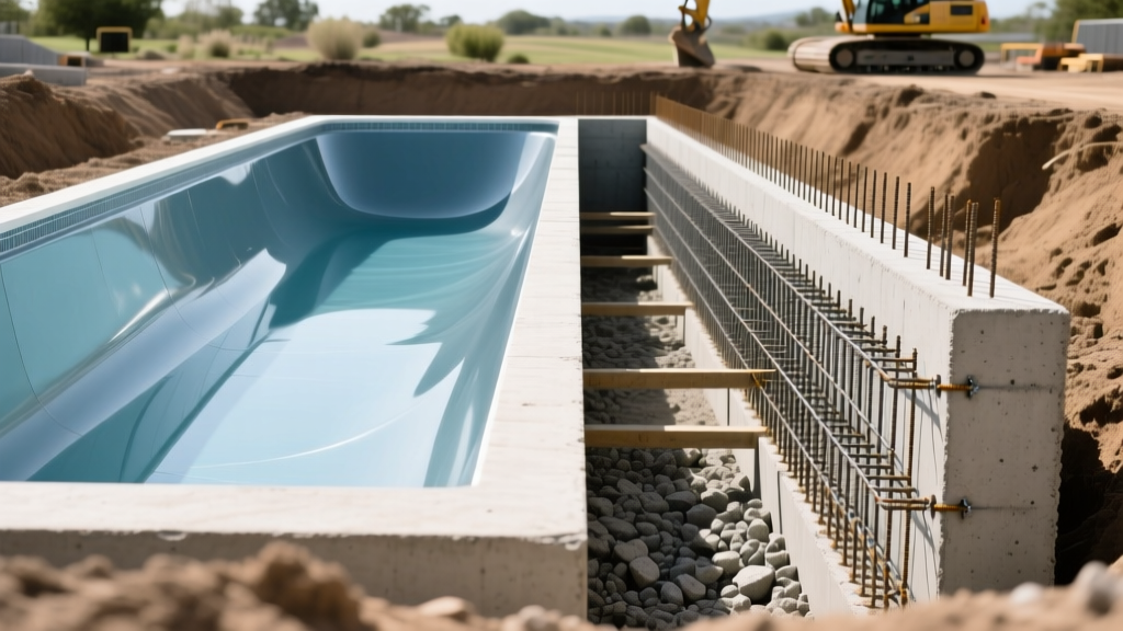 Cross-section comparing a smooth fiberglass pool shell with a rebar-reinforced shotcrete concrete pool structure in an excavation