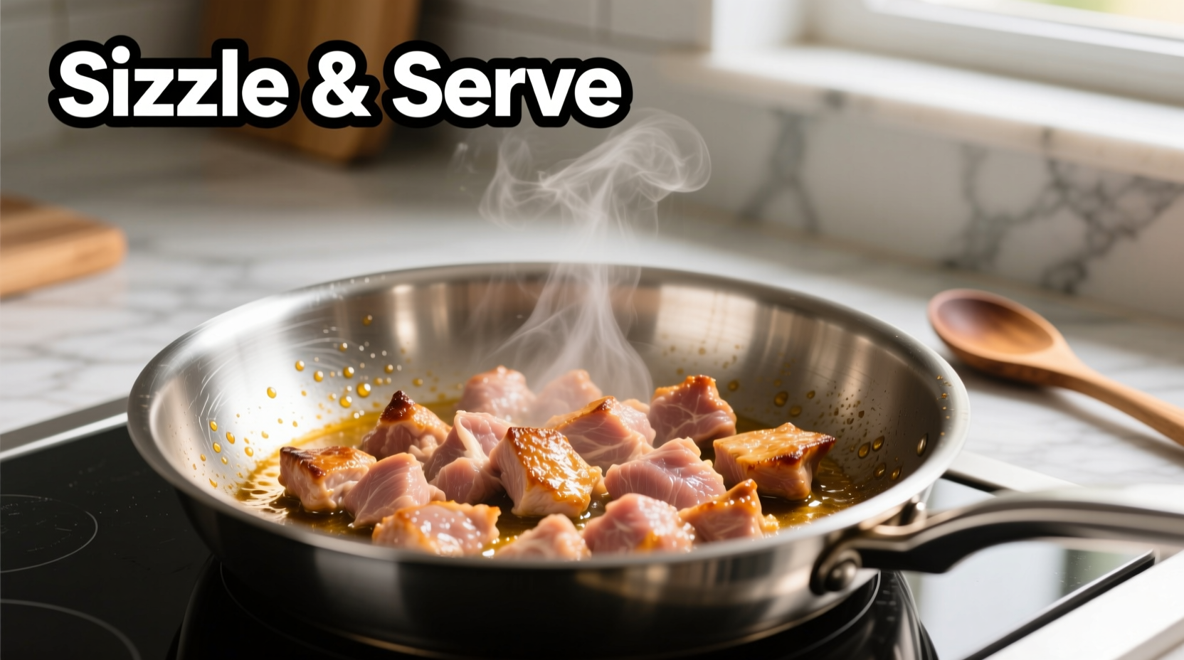 Fresh ground turkey sizzling in stainless steel skillet