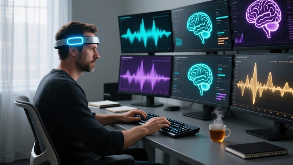 Developer wearing an EEG headband while coding in a dimly lit room, with monitors displaying real-time brainwave flow-state data.