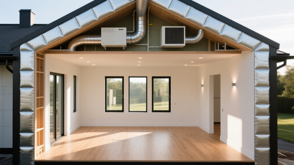 Passive house cross-section showing thick continuous exterior insulation, triple-pane windows, and ERV ducts in a bright interior